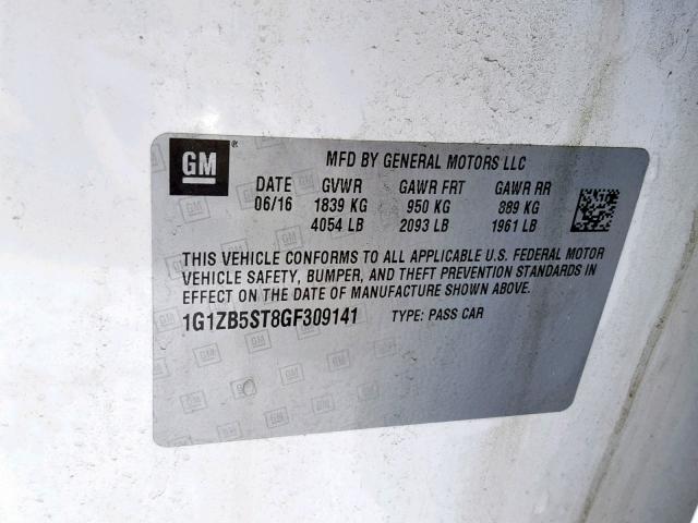 1G1ZB5ST8GF309141 - 2016 CHEVROLET MALIBU LS WHITE photo 10