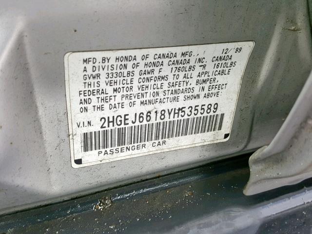 2HGEJ6618YH535589 - 2000 HONDA CIVIC BASE 白色 照片 10