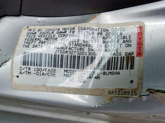 JTDDR32T320130681 - 2002 TOYOTA CELICA GT SILVER photo 10