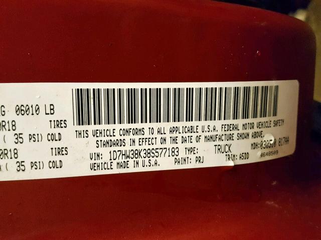 1D7HW38K38S577183 - 2008 DODGE DAKOTA SXT RED photo 10