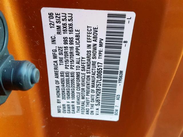 5J6YH28757L006517 - 2007 HONDA ELEMENT EX ORANGE photo 10