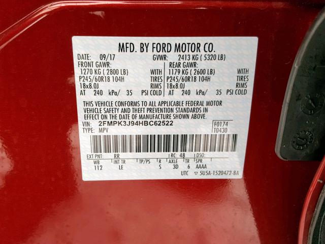 2FMPK3J94HBC62522 - 2017 FORD EDGE SEL RED photo 10