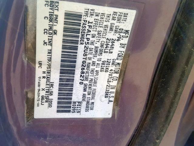 1FALP52U8TG268270 - 1996 FORD TAURUS GL PURPLE photo 10