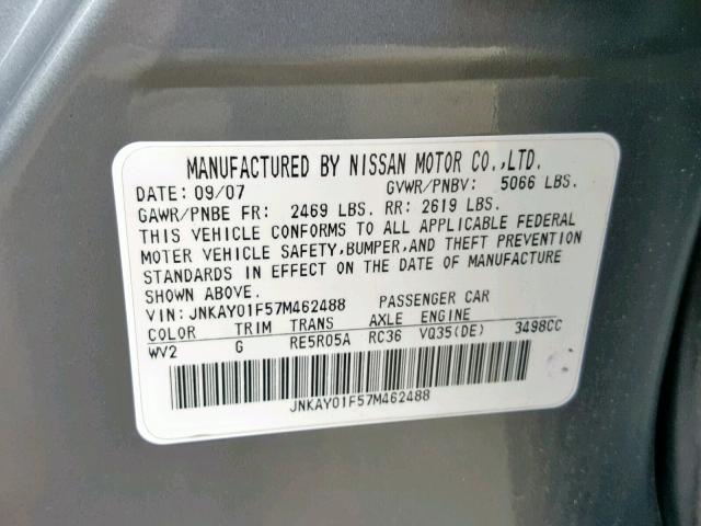 JNKAY01F57M462488 - 2007 INFINITI M35 BASE GRAY photo 10