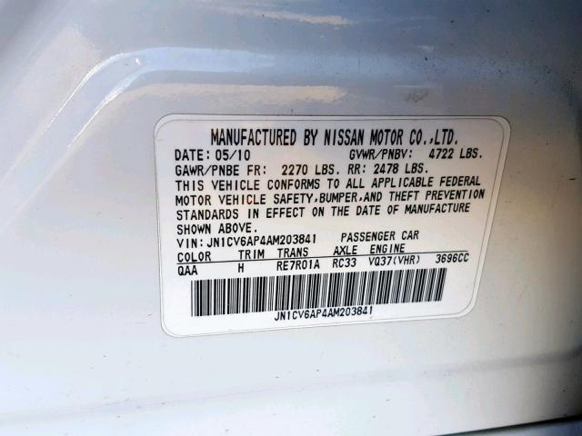 JN1CV6AP4AM203841 - 2010 INFINITI G37 BASE WHITE photo 10