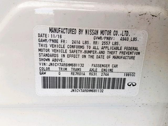 JN1CV7AR6HM681132 - 2017 INFINITI Q50 BASE WHITE photo 10