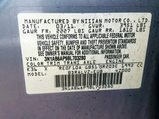 3N1AB6AP9BL703280 - 2011 NISSAN SENTRA 2.0 SILVER photo 10