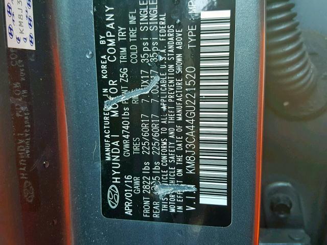 KM8J3CA44GU221520 - 2016 HYUNDAI TUCSON LIM GRAY photo 10