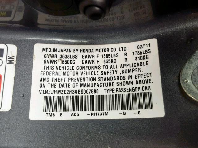 JHMZE2H3XBS007580 - 2011 HONDA INSIGHT GRAY photo 10