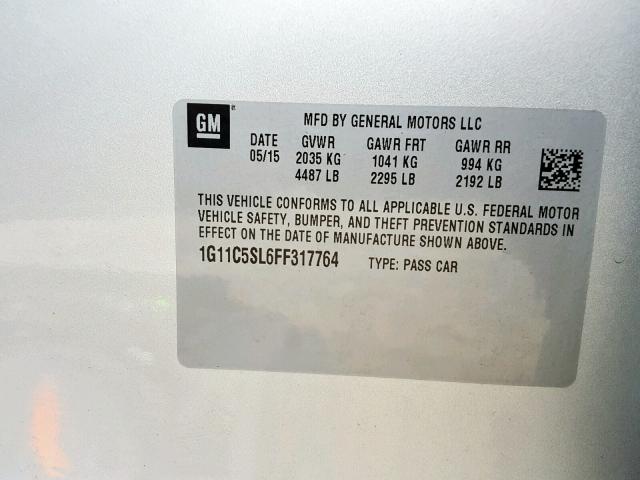 1G11C5SL6FF317764 - 2015 CHEVROLET MALIBU 1LT ვერცხლისფერი ფოტო 10