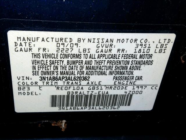 3N1AB6AP3AL620362 - 2010 NISSAN SENTRA 2.0 BLUE photo 10