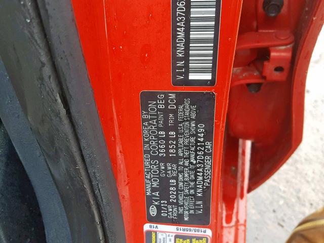 KNADM4A37D6214490 - 2013 KIA RIO LX RED photo 10