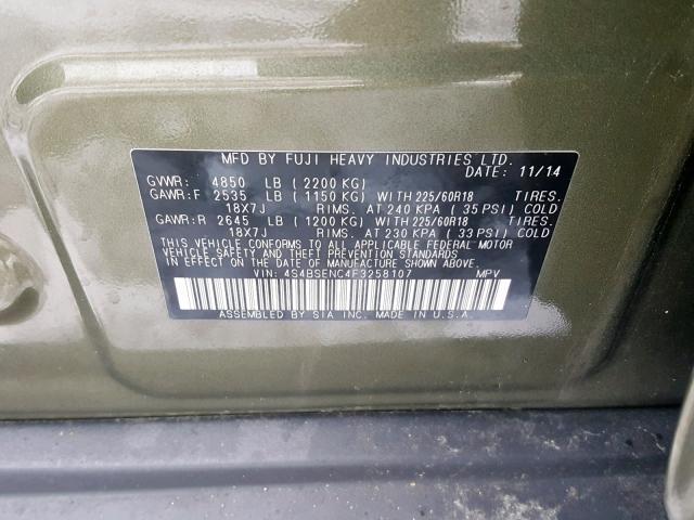 4S4BSENC4F3258107 - 2015 SUBARU OUTBACK 3. GREEN photo 10