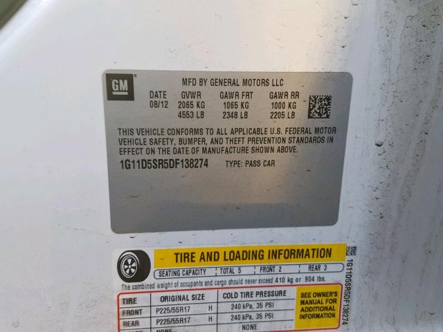 1G11D5SR5DF138274 - 2013 CHEVROLET MALIBU 1LT WHITE photo 10
