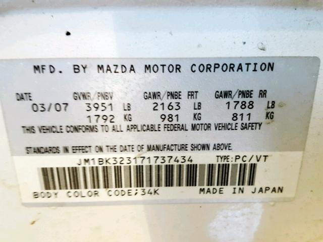 JM1BK323171737434 - 2007 MAZDA 3 S WHITE photo 10