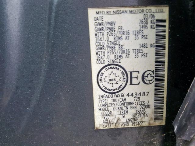 1N6AD07WX6C443487 - 2006 NISSAN FRONTIER C GRAY photo 10