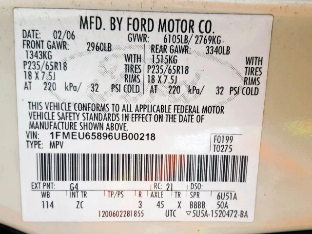 1FMEU65896UB00218 - 2006 FORD EXPLORER L WHITE photo 10