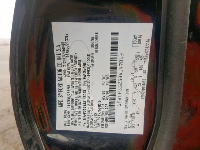 1FAFP55253A147013 - 2003 FORD TAURUS SES BLACK photo 10