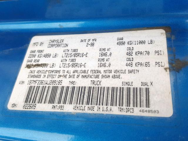 1B7MF3361WJ209185 - 1998 DODGE RAM 3500 BLUE photo 10