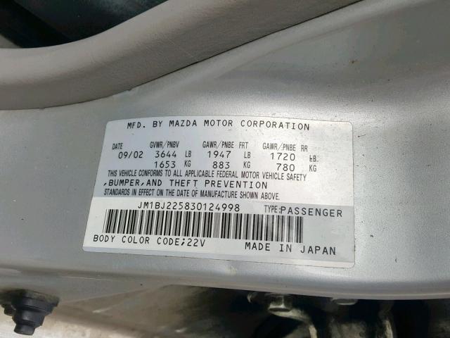 JM1BJ225830124998 - 2003 MAZDA PROTEGE DX SILVER photo 10