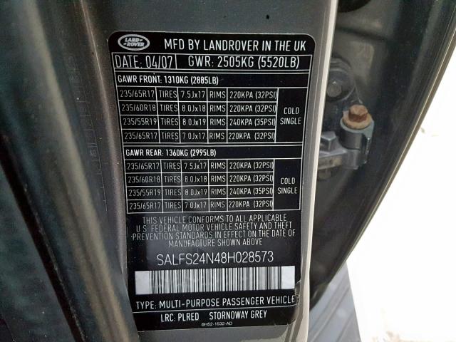 SALFS24N48H028573 - 2008 LAND ROVER LR2 SE TEC GRAY photo 10