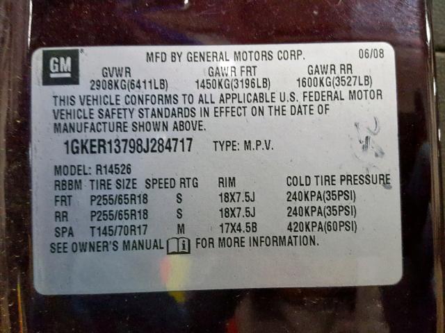 1GKER13798J284717 - 2008 GMC ACADIA SLE PURPLE photo 10