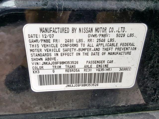 JNKAJ09F98M353526 - 2008 INFINITI EX35 BASE BLACK photo 10