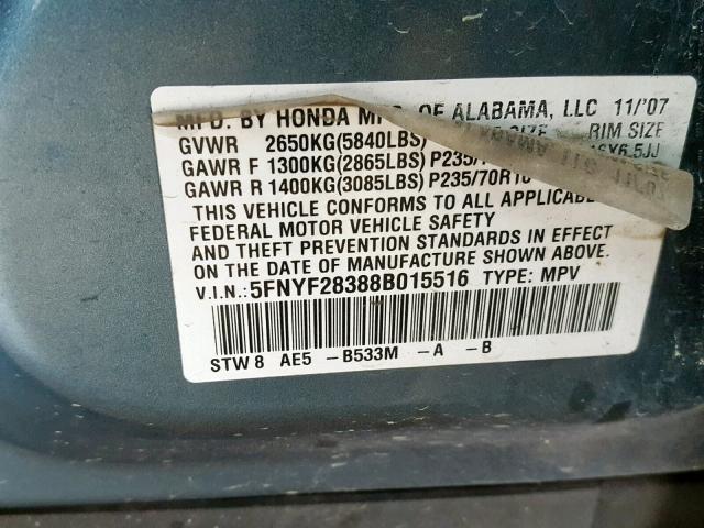 5FNYF28388B015516 - 2008 HONDA PILOT SE BLUE photo 10