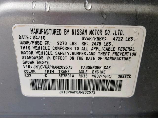 JN1CV6AP0AM202573 - 2010 INFINITI G37 BASE SILVER photo 10