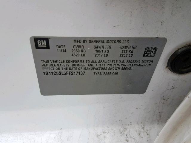 1G11C5SL5FF217137 - 2015 CHEVROLET MALIBU 1LT 白色 照片 10