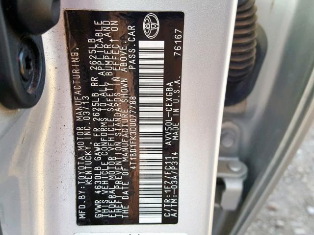 4T1BD1FK3DU077788 - 2013 TOYOTA CAMRY HYBR SILVER photo 10