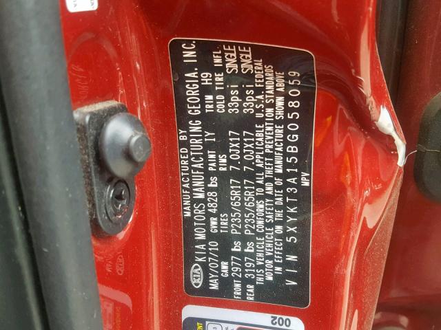 5XYKT3A15BG058059 - 2011 KIA SORENTO BA RED photo 10