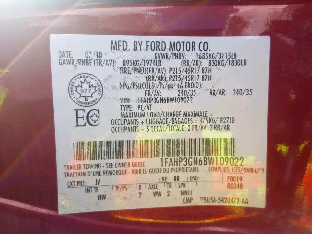 1FAHP3GN6BW109022 - 2011 FORD FOCUS SES RED photo 10