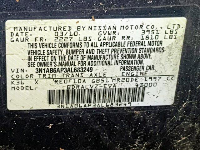 3N1AB6AP3AL683249 - 2010 NISSAN SENTRA 2.0 GRAY photo 10