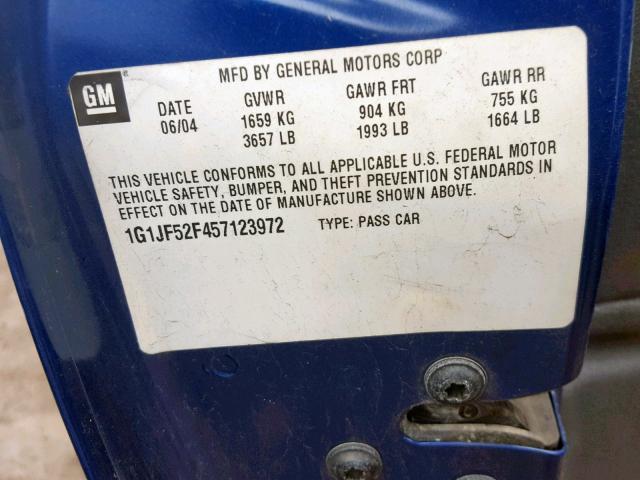 1G1JF52F457123972 - 2005 CHEVROLET CAVALIER L BLUE photo 10