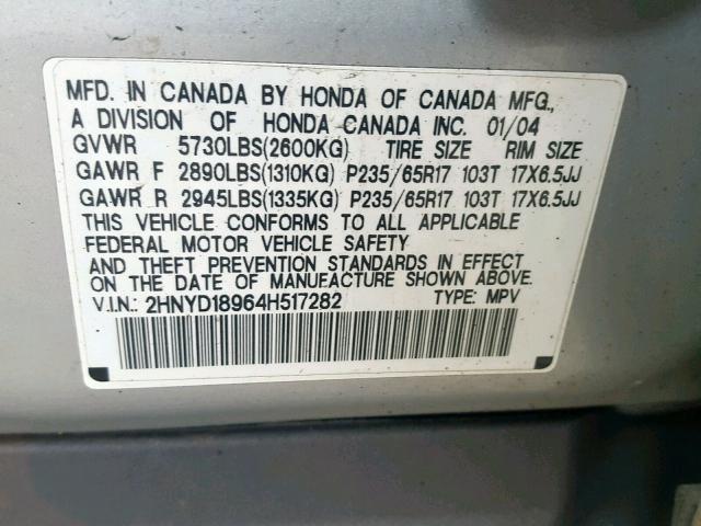 2HNYD18964H517282 - 2004 ACURA MDX TOURIN SILVER photo 10