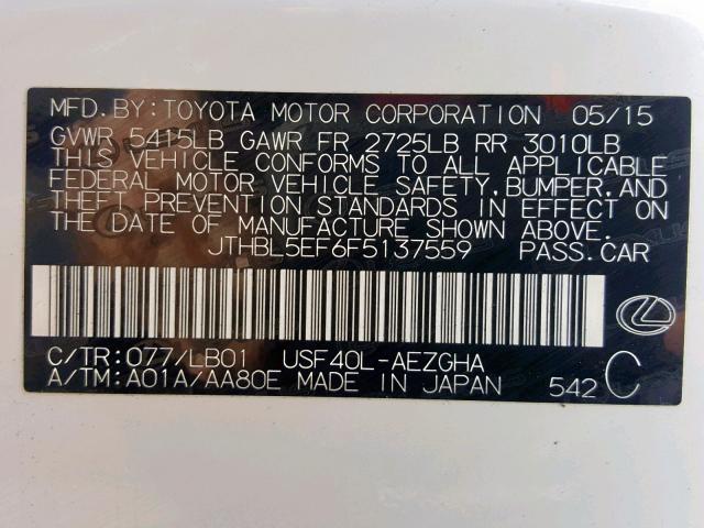 JTHBL5EF6F5137559 - 2015 LEXUS LS 460 WHITE photo 10