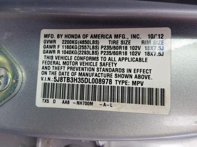 5J8TB3H35DL008978 - 2013 ACURA RDX BASE SILVER photo 10