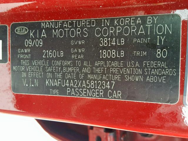 KNAFU4A2XA5812347 - 2010 KIA FORTE EX RED photo 10