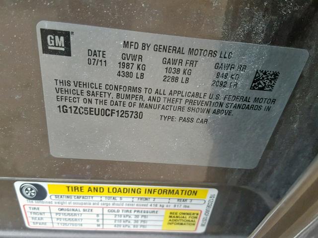 1G1ZC5EU0CF125730 - 2012 CHEVROLET MALIBU 1LT 棕色 照片 10