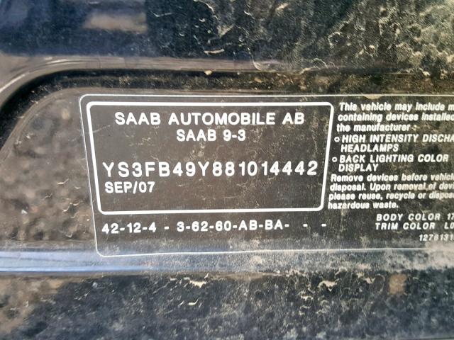 YS3FB49Y881014442 - 2008 SAAB 9-3 2.0T BLACK photo 10