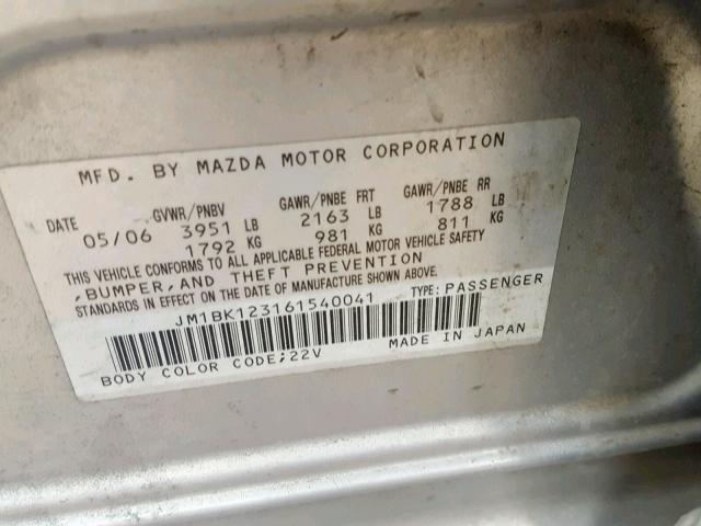 JM1BK123161540041 - 2006 MAZDA 3 S SILVER photo 10