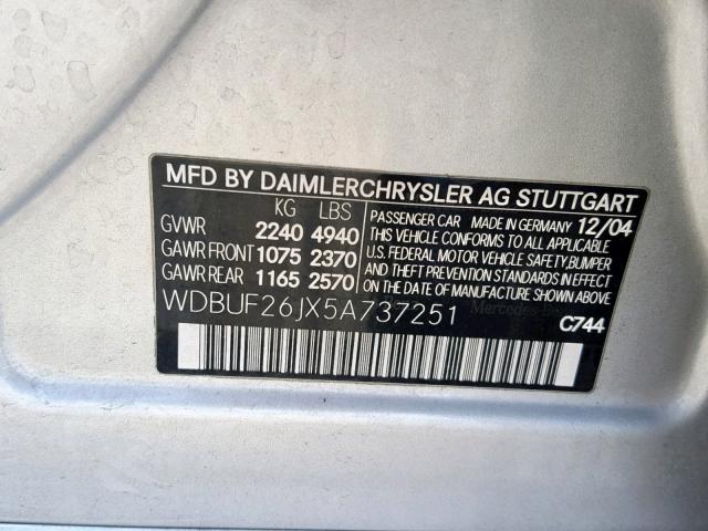 WDBUF26JX5A737251 - 2005 MERCEDES-BENZ E 320 CDI SILVER photo 10