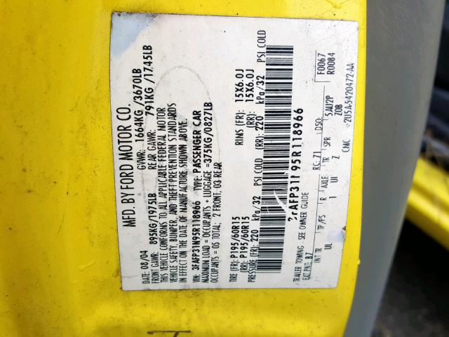 3FAFP31N95R118966 - 2005 FORD FOCUS ZX3 YELLOW photo 10