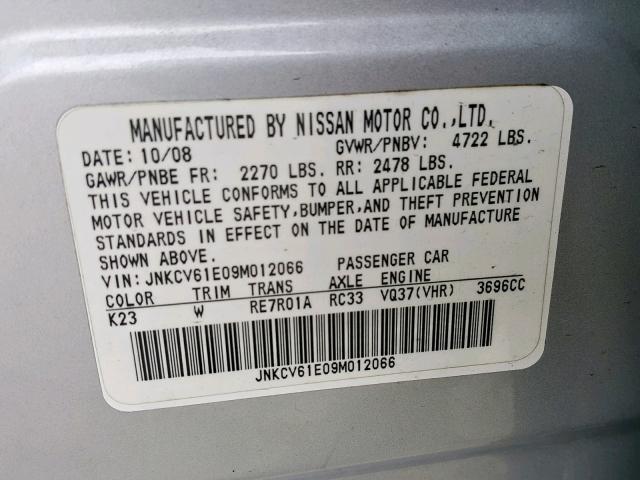 JNKCV61E09M012066 - 2009 INFINITI G37 BASE SILVER photo 10