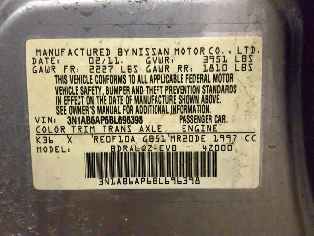 3N1AB6AP6BL696398 - 2011 NISSAN SENTRA 2.0 GRAY photo 10