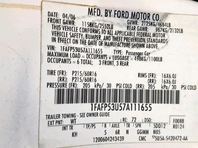 1FAFP53U57A111655 - 2007 FORD TAURUS SE WHITE photo 10