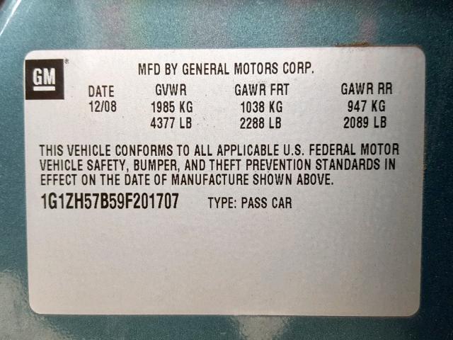 1G1ZH57B59F201707 - 2009 CHEVROLET MALIBU 1LT GREEN photo 10