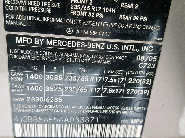 4JGBB86E56A033871 - 2006 MERCEDES-BENZ ML 350 TAN photo 10