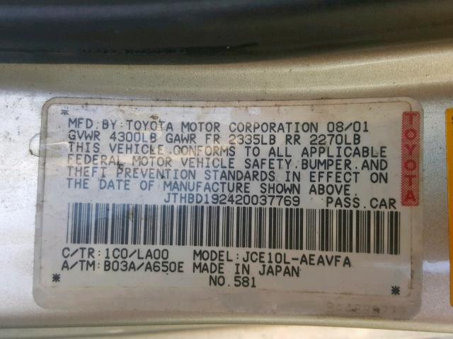 JTHBD192420037769 - 2002 LEXUS IS 300 SILVER photo 10